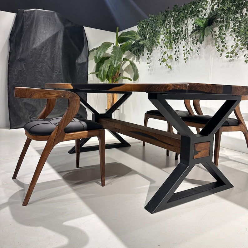 Walnut Wood Epoxy Dining Table, Epoxy Table Top, Black Epoxy Table