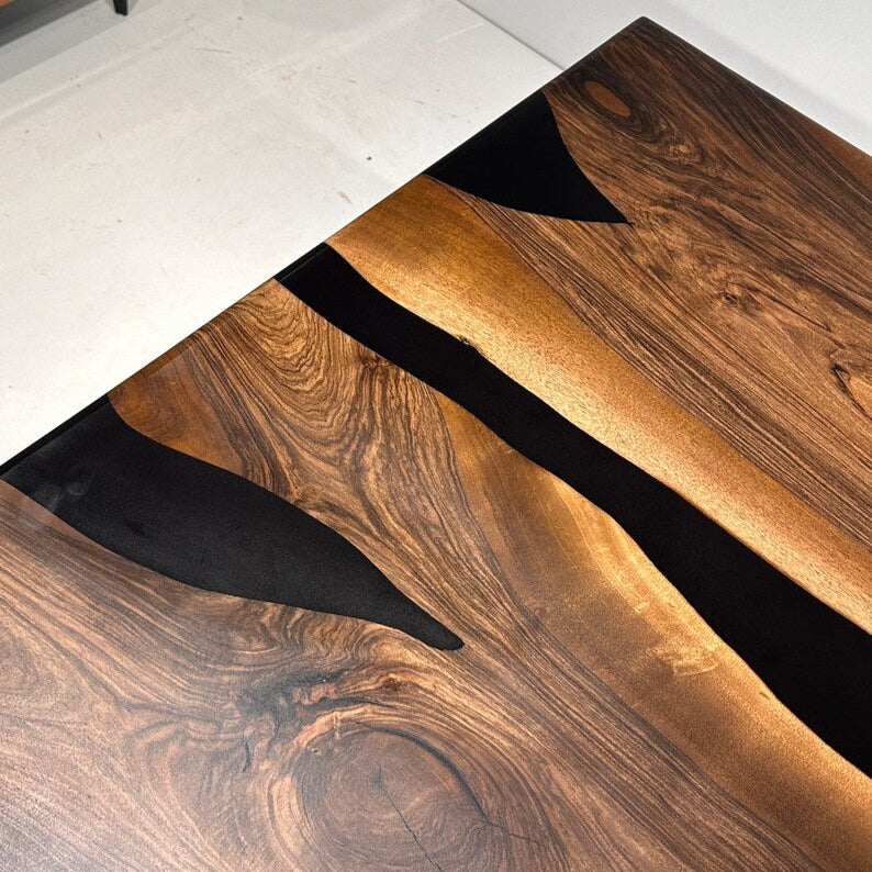 Walnut Wood Epoxy Dining Table, Epoxy Table Top, Black Epoxy Table