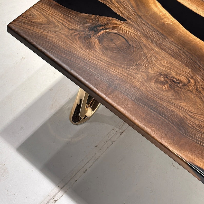 Walnut Wood Epoxy Dining Table, Epoxy Table Top, Black Epoxy Table