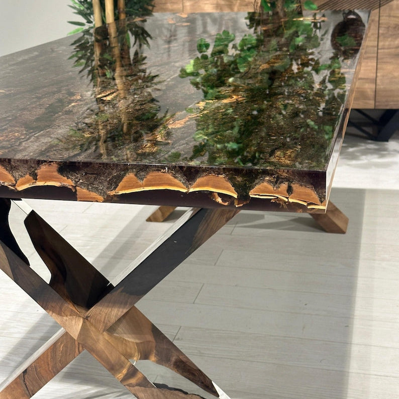 Special Tree Bark & Moss Epoxy Table, Resin Dining Table