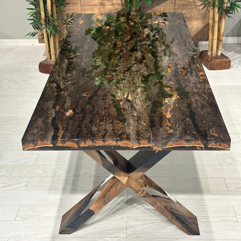 Special Tree Bark & Moss Epoxy Table, Resin Dining Table