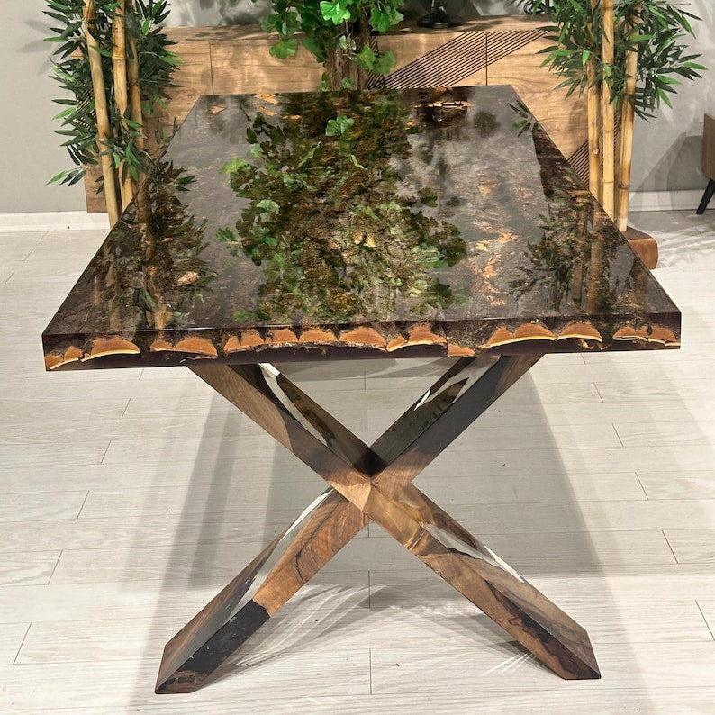 Special Tree Bark & Moss Epoxy Table, Resin Dining Table