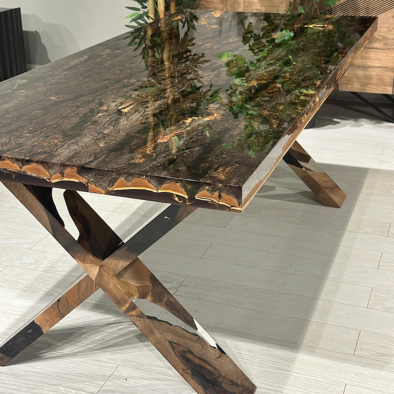 Special Tree Bark & Moss Epoxy Table, Resin Dining Table