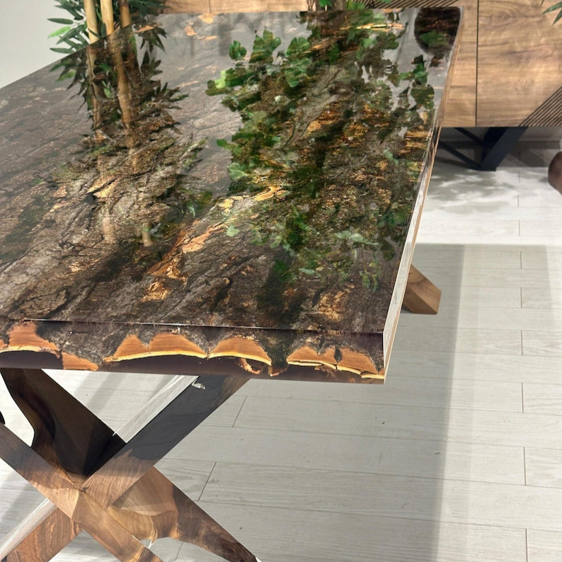 Special Tree Bark & Moss Epoxy Table, Resin Dining Table