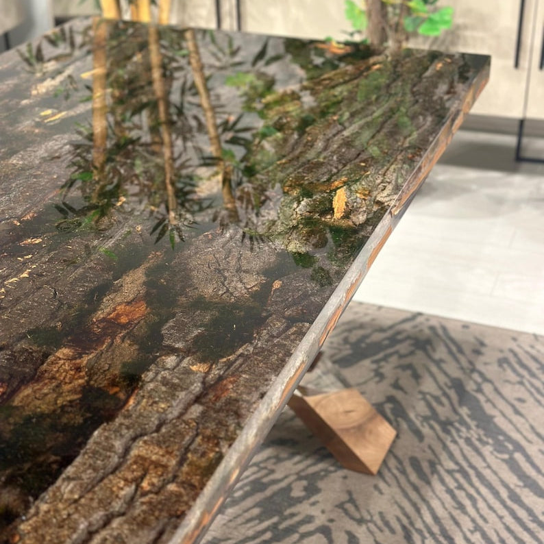 Special Tree Bark & Moss Epoxy Table, Resin Dining Table