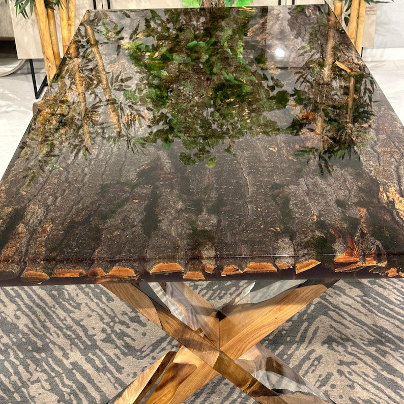 Special Tree Bark & Moss Epoxy Table, Resin Dining Table