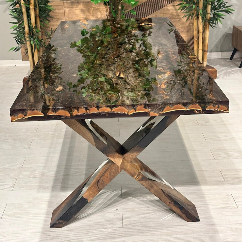 Special Tree Bark & Moss Epoxy Table, Resin Dining Table