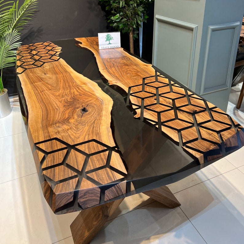 Smoke epoxy table, Kitchen dining table, Honeycomb Epoxy Table