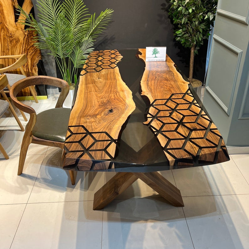 Smoke epoxy table, Kitchen dining table, Honeycomb Epoxy Table