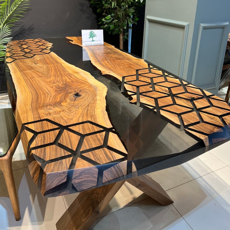 Smoke epoxy table, Kitchen dining table, Honeycomb Epoxy Table