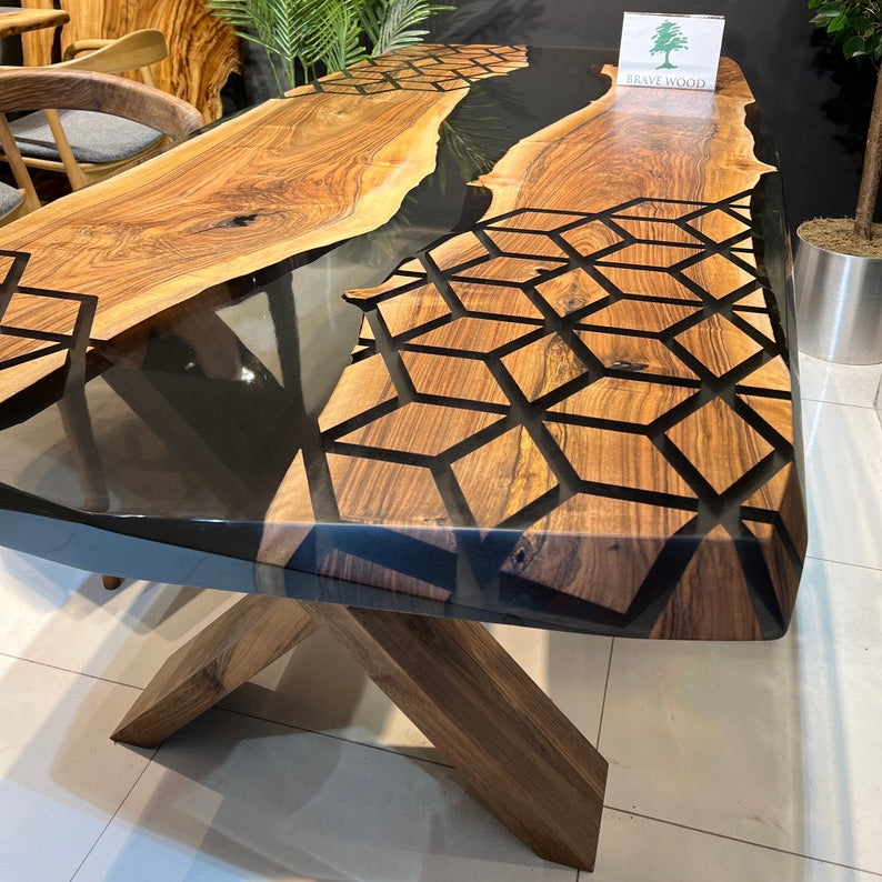 Smoke epoxy table, Kitchen dining table, Honeycomb Epoxy Table