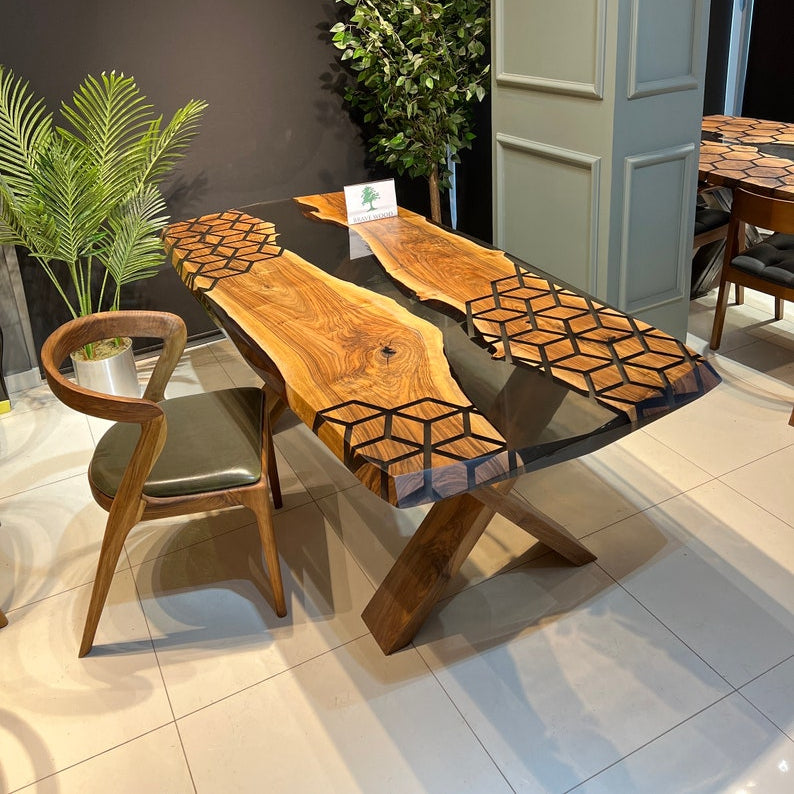 Smoke epoxy table, Kitchen dining table, Honeycomb Epoxy Table