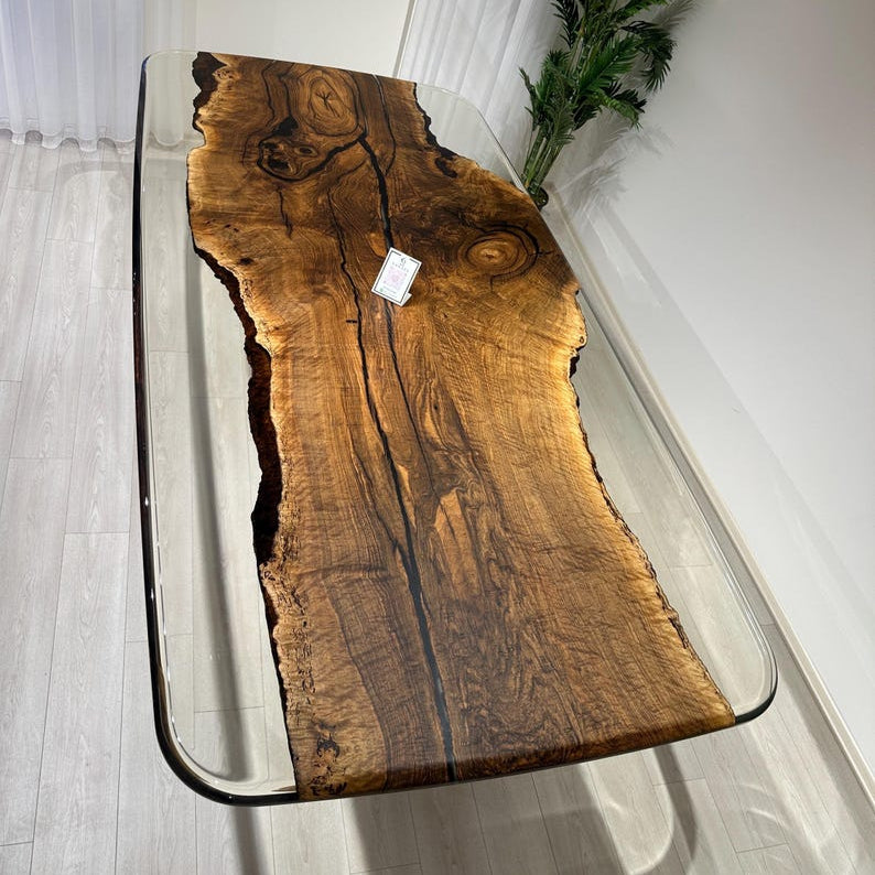 Walnut Office Desk, Clear Epoxy Meeting Table,Unique Natural Edge Table