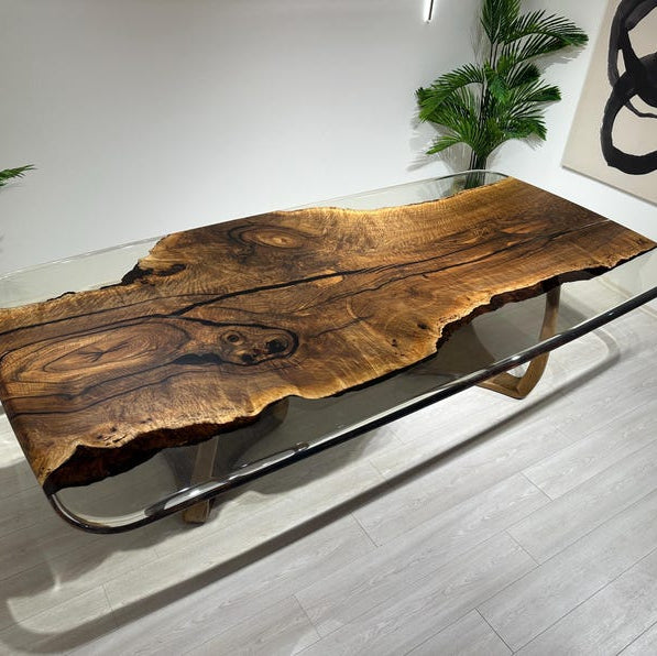 Walnut Office Desk, Clear Epoxy Meeting Table,Unique Natural Edge Table