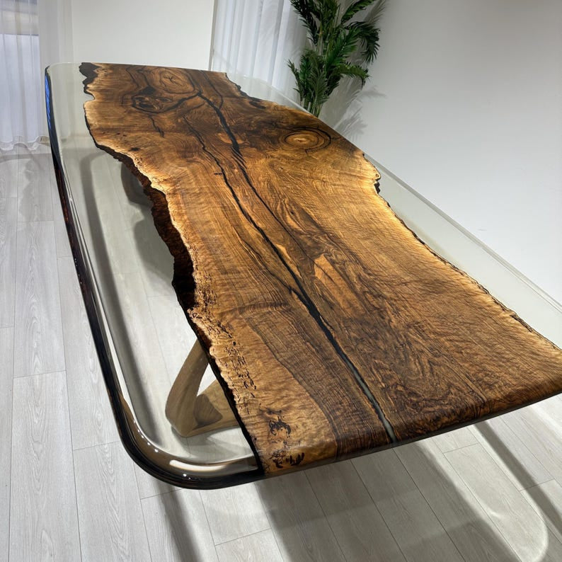 Walnut Office Desk, Clear Epoxy Meeting Table,Unique Natural Edge Table