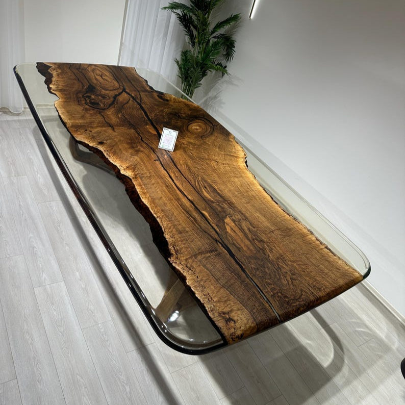 Walnut Office Desk, Clear Epoxy Meeting Table,Unique Natural Edge Table