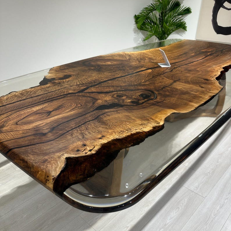 Walnut Office Desk, Clear Epoxy Meeting Table,Unique Natural Edge Table