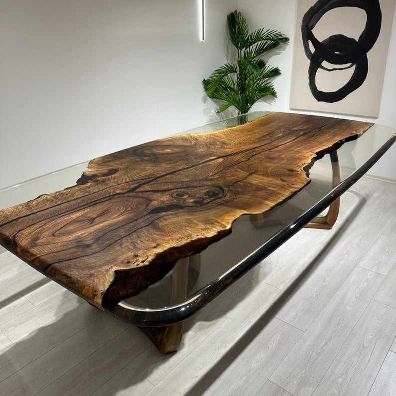 Walnut Office Desk, Clear Epoxy Meeting Table,Unique Natural Edge Table