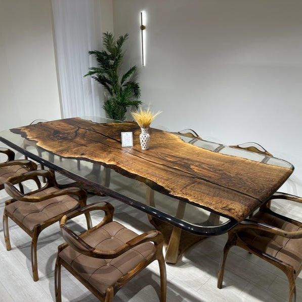 Walnut Office Desk, Clear Epoxy Meeting Table,Unique Natural Edge Table