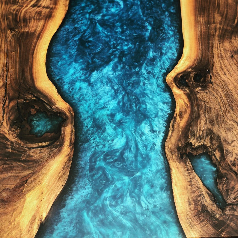 Blue Walnut Conference River Table with Blue Epoxy