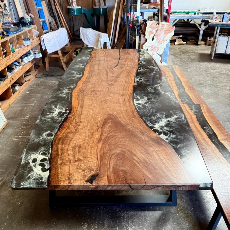 Black River Epoxy Resin Table with benches, Walnut Wood Dining Table