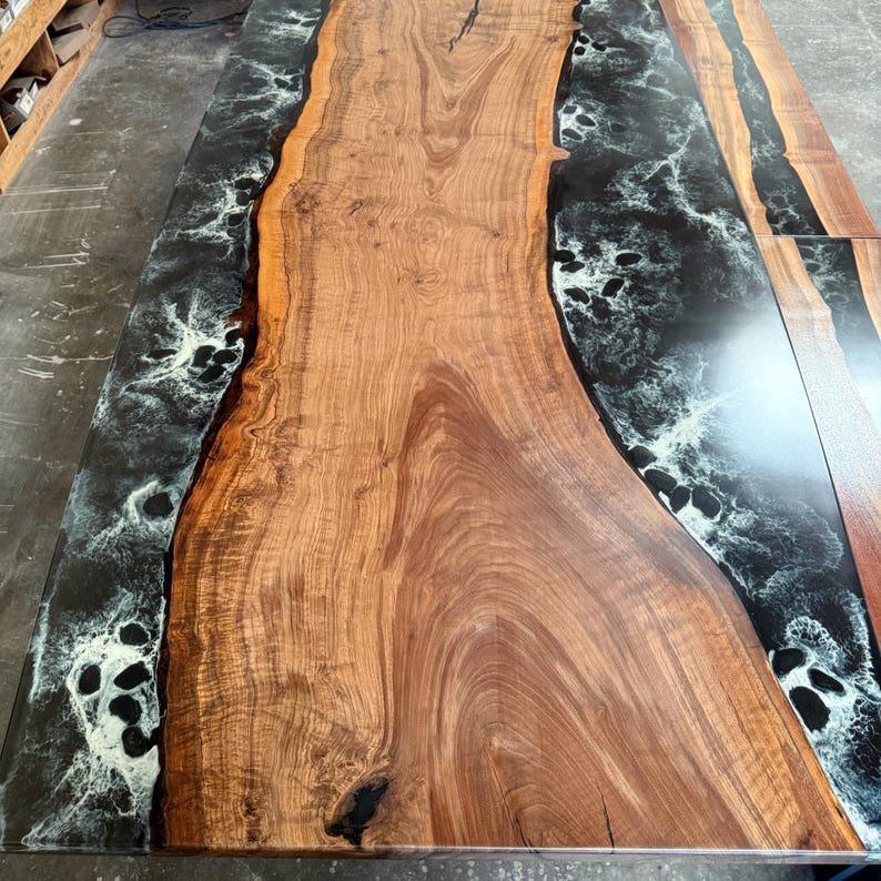 Black River Epoxy Resin Table with benches, Walnut Wood Dining Table