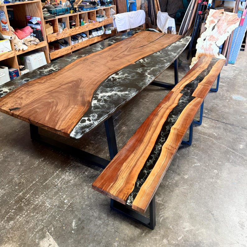 Black River Epoxy Resin Table with benches, Walnut Wood Dining Table