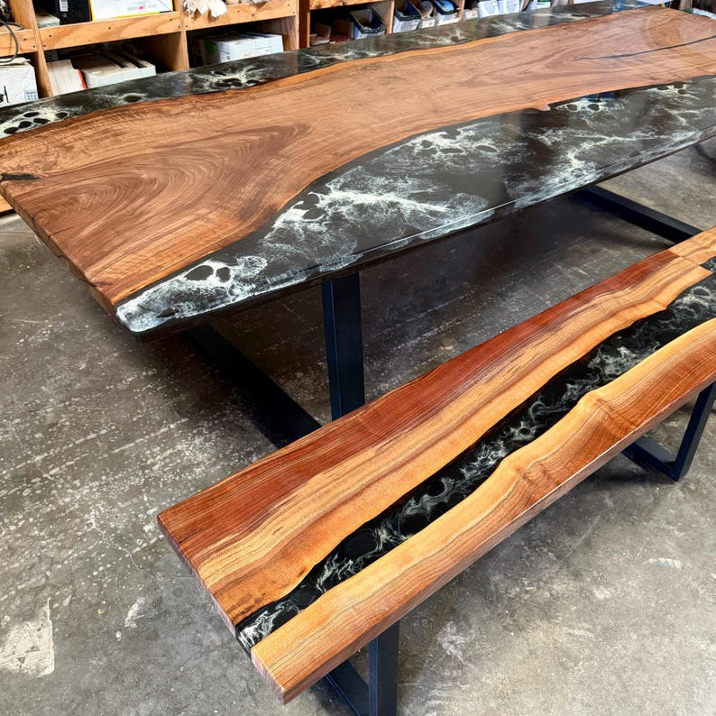 Black River Epoxy Resin Table with benches, Walnut Wood Dining Table