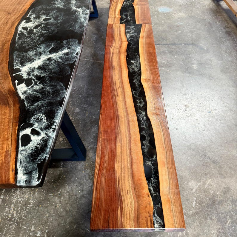 Black River Epoxy Resin Table with benches, Walnut Wood Dining Table
