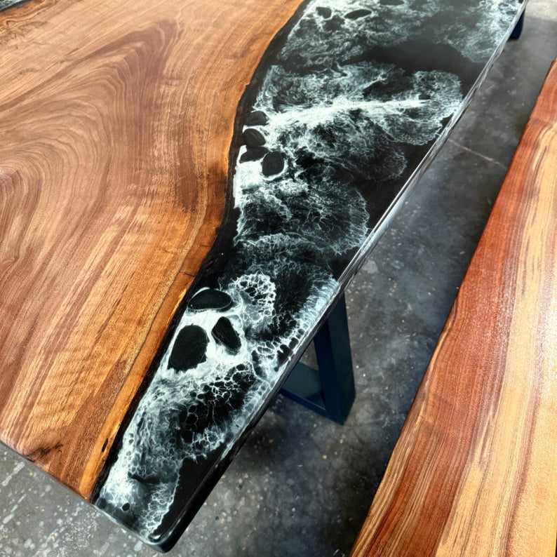 Black River Epoxy Resin Table with benches, Walnut Wood Dining Table
