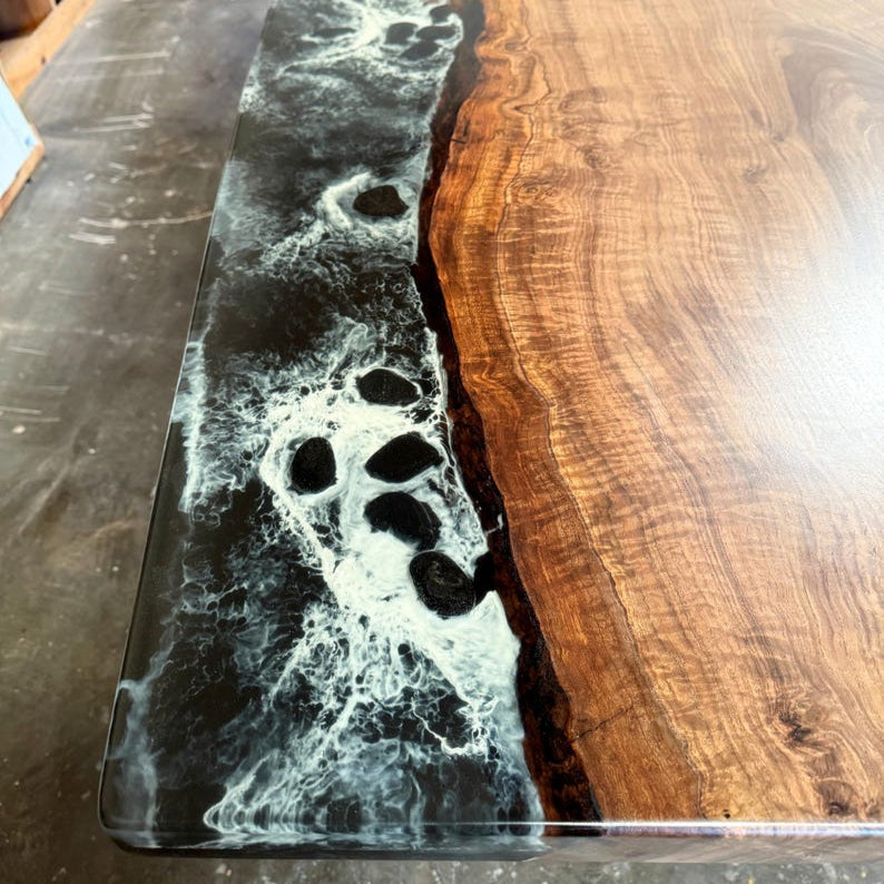 Black River Epoxy Resin Table with benches, Walnut Wood Dining Table