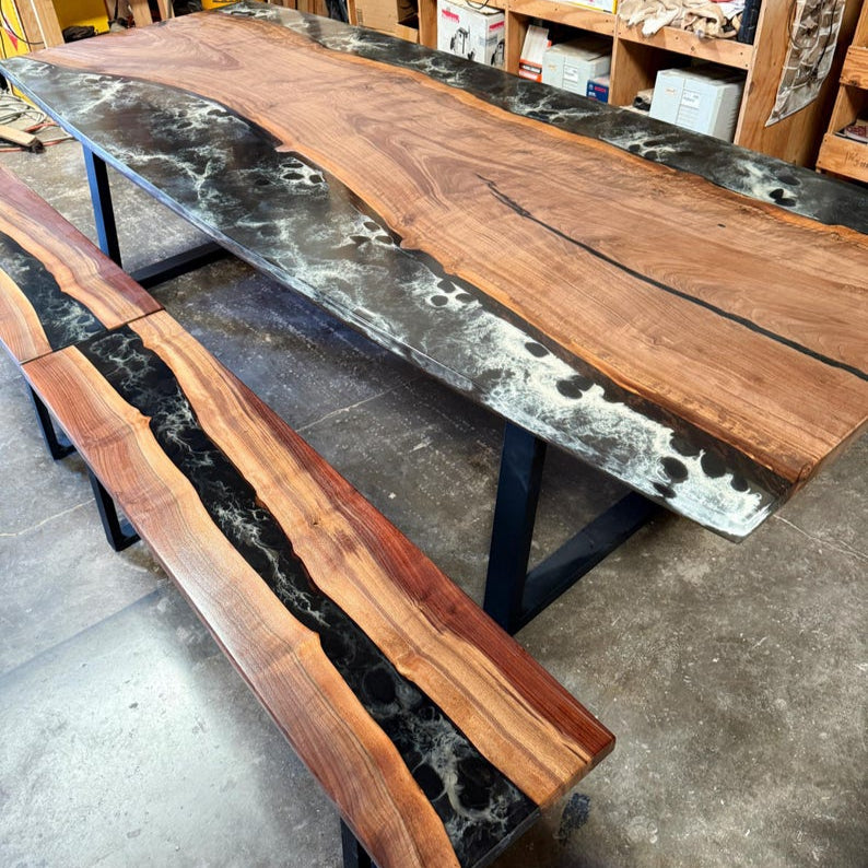 Black River Epoxy Resin Table with benches, Walnut Wood Dining Table