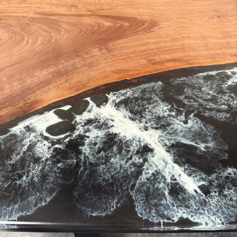 Black River Epoxy Resin Table with benches, Walnut Wood Dining Table