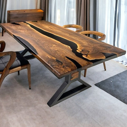 Walnut Wood Epoxy Dining Table, Epoxy Table Top, Black Epoxy Table