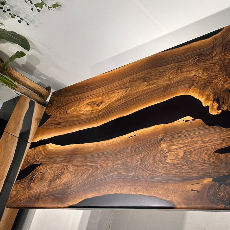 Walnut Wood Epoxy Dining Table, Epoxy Table Top, Black Epoxy Table