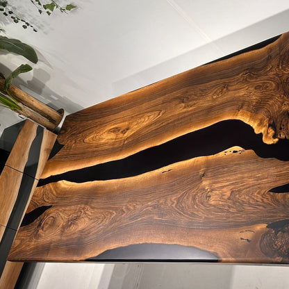 Walnut Wood Epoxy Dining Table, Epoxy Table Top, Black Epoxy Table