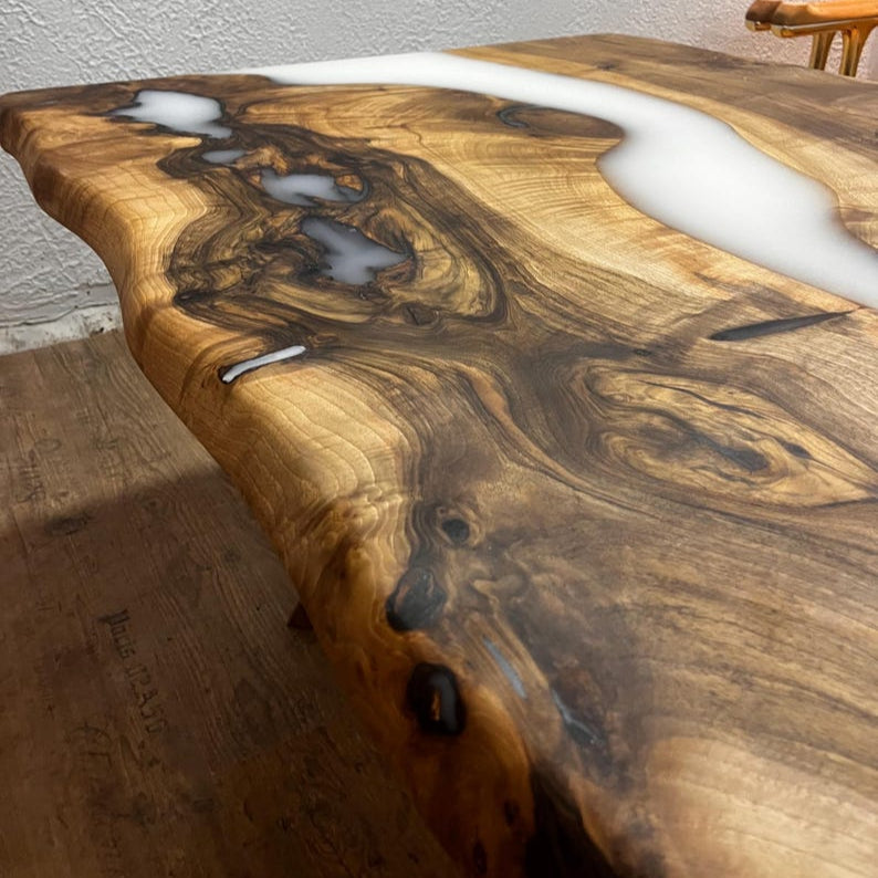 Custom Order White Epoxy Table Top , Live Edge Meeting Table , River Table