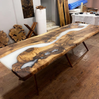 Custom Order White Epoxy Table Top , Live Edge Meeting Table , River Table
