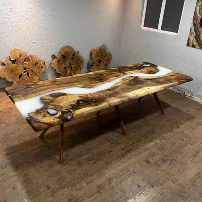 Custom Order White Epoxy Table Top , Live Edge Meeting Table , River Table