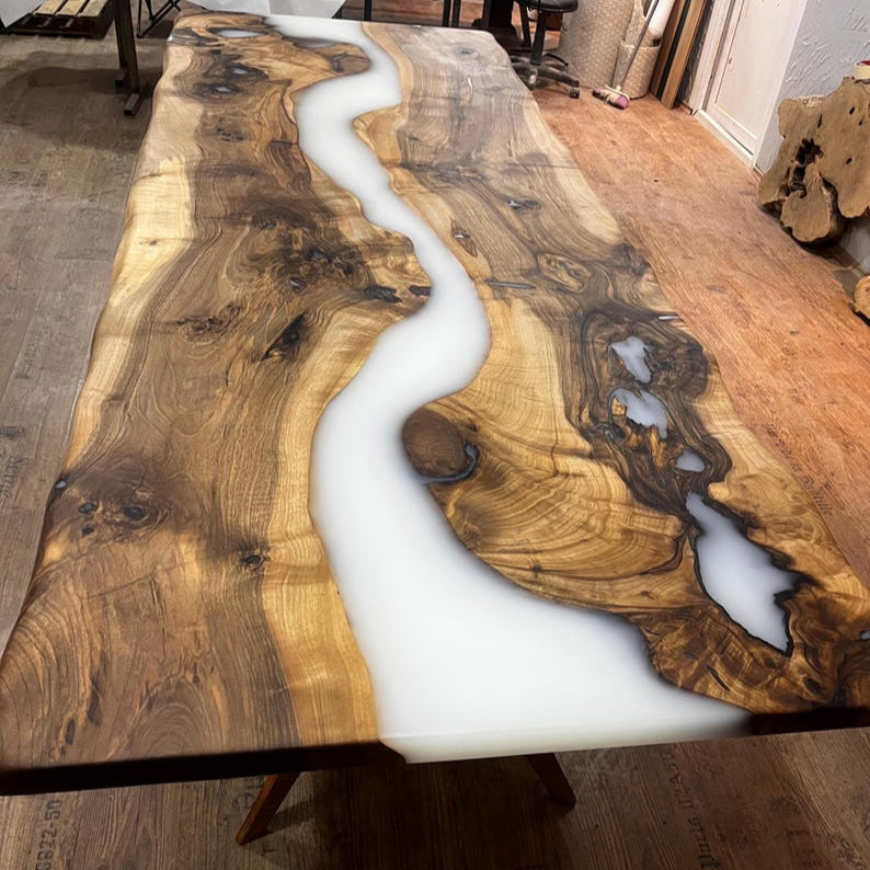 Custom Order White Epoxy Table Top , Live Edge Meeting Table , River Table