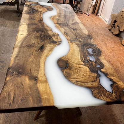 Custom Order White Epoxy Table Top , Live Edge Meeting Table , River Table