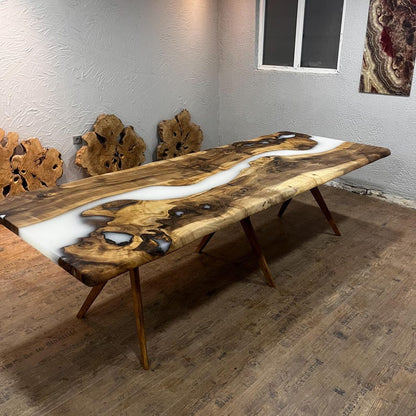 Custom Order White Epoxy Table Top , Live Edge Meeting Table , River Table