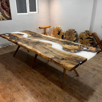 Custom Order White Epoxy Table Top , Live Edge Meeting Table , River Table