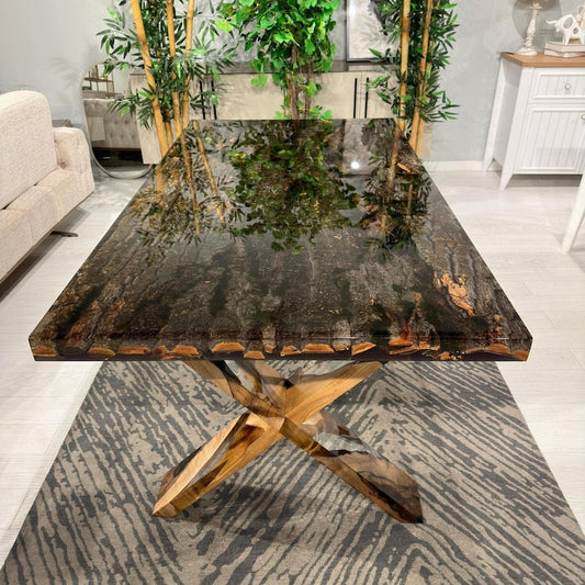 Special Tree Bark & Moss Epoxy Table, Resin Dining Table