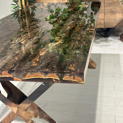 Special Tree Bark & Moss Epoxy Table, Resin Dining Table