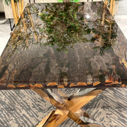 Special Tree Bark & Moss Epoxy Table, Resin Dining Table