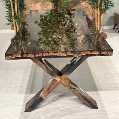 Special Tree Bark & Moss Epoxy Table, Resin Dining Table