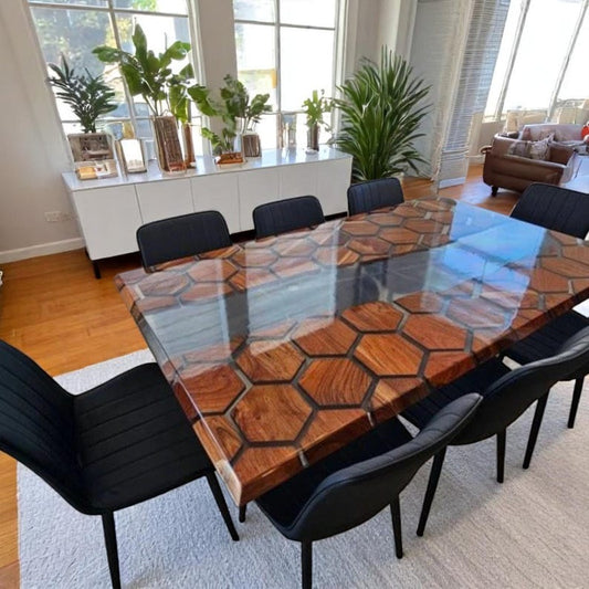 Clear Honeycomb Epoxy Table, Hexagon Wooden Table, Dining Table Top