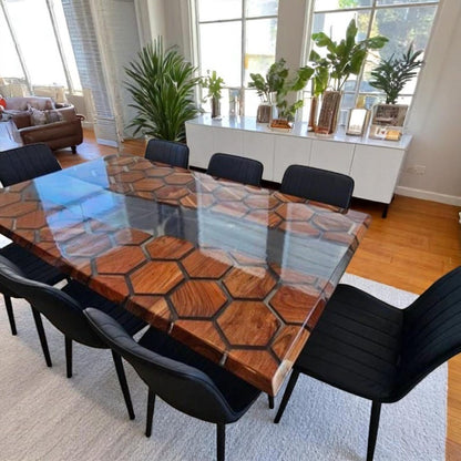 Clear Honeycomb Epoxy Table, Hexagon Wooden Table, Dining Table Top