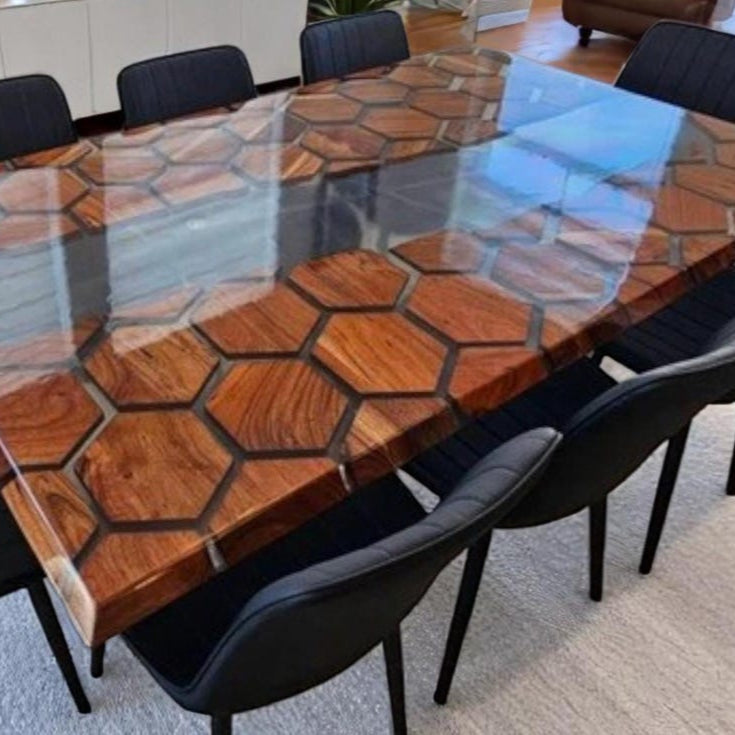 Clear Honeycomb Epoxy Table, Hexagon Wooden Table, Dining Table Top